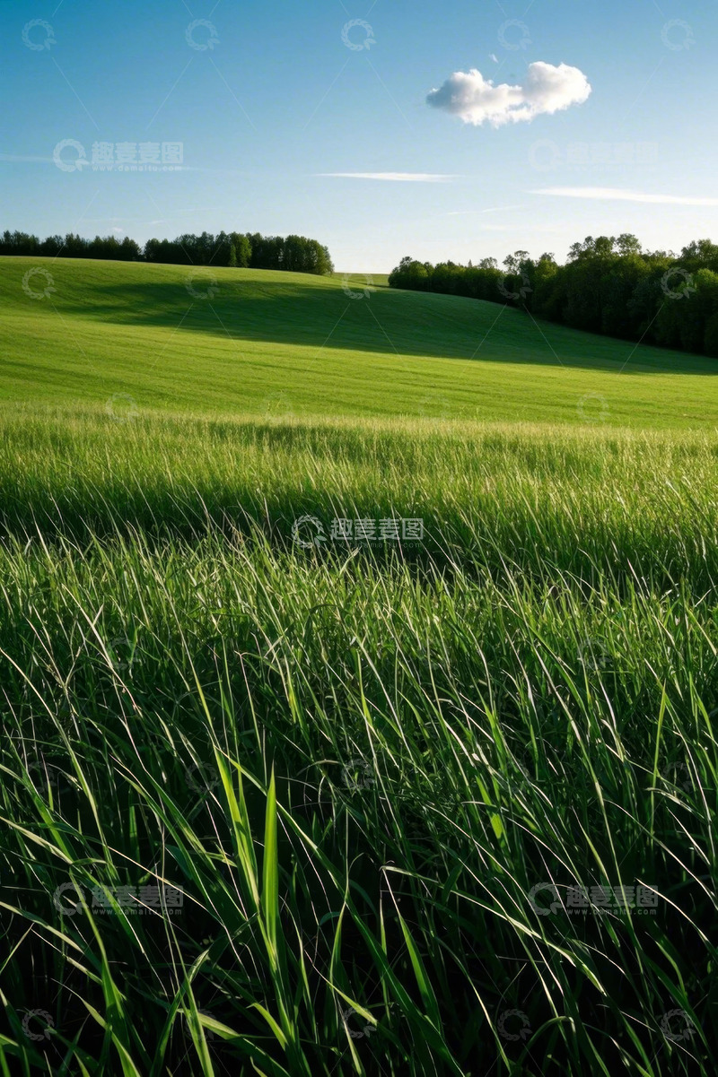 高清大图下载【趣麦麦图】广袤绿色草地与远处树林景观