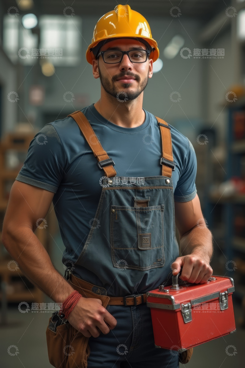 高清大图下载【趣麦麦图】工业工人手持工具箱站立