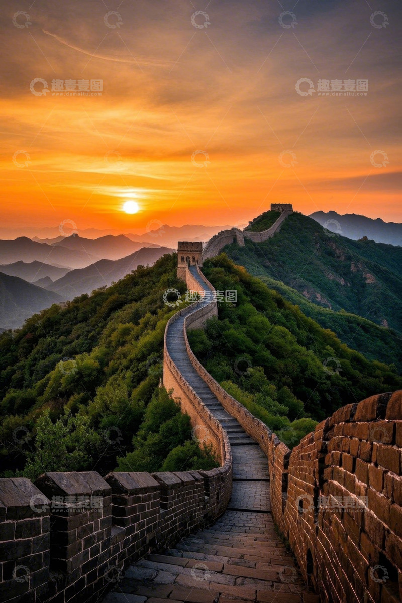 高清大图下载【趣麦麦图】夕阳下蜿蜒的中国长城景观