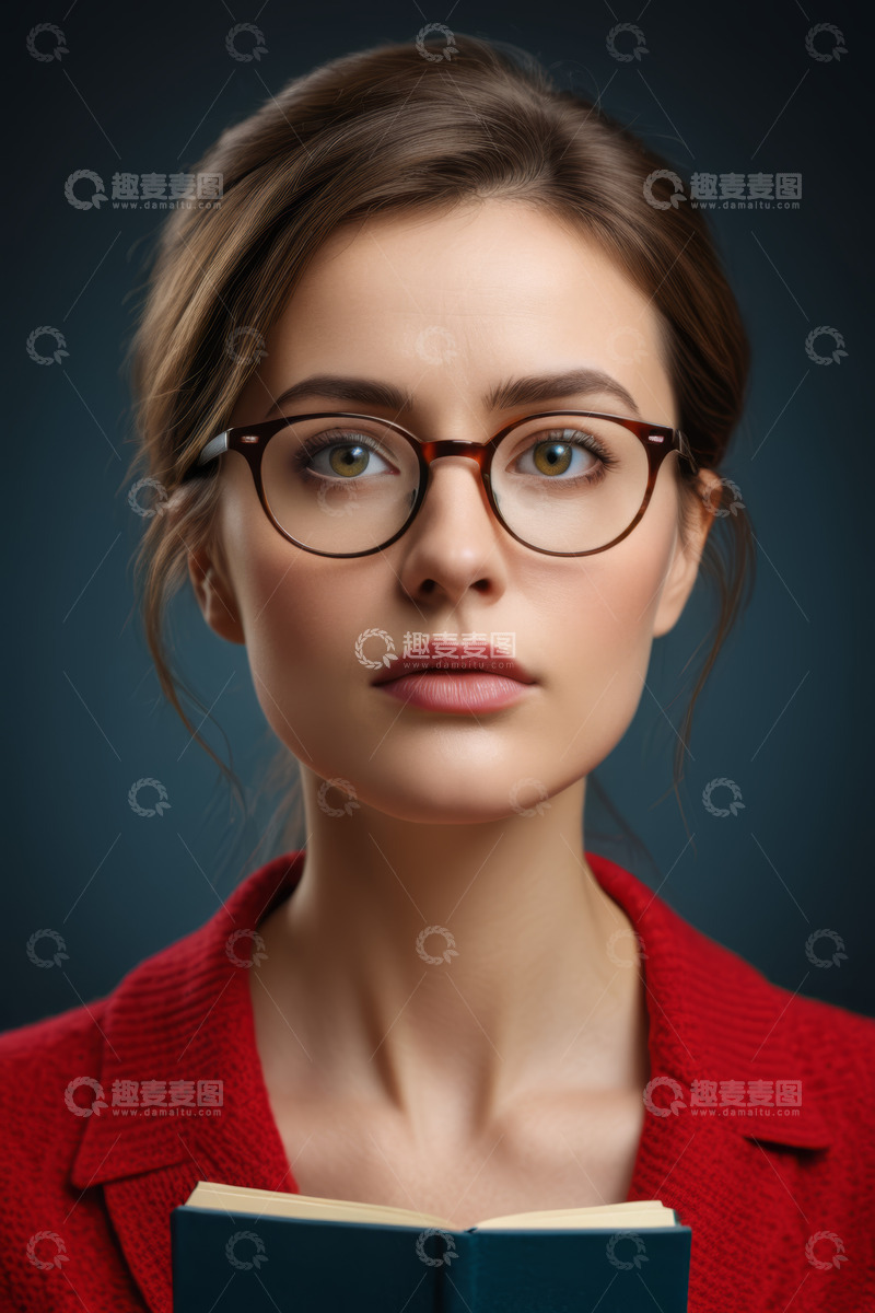 高清大图下载【趣麦麦图】戴眼镜红衣女子手持书本肖像