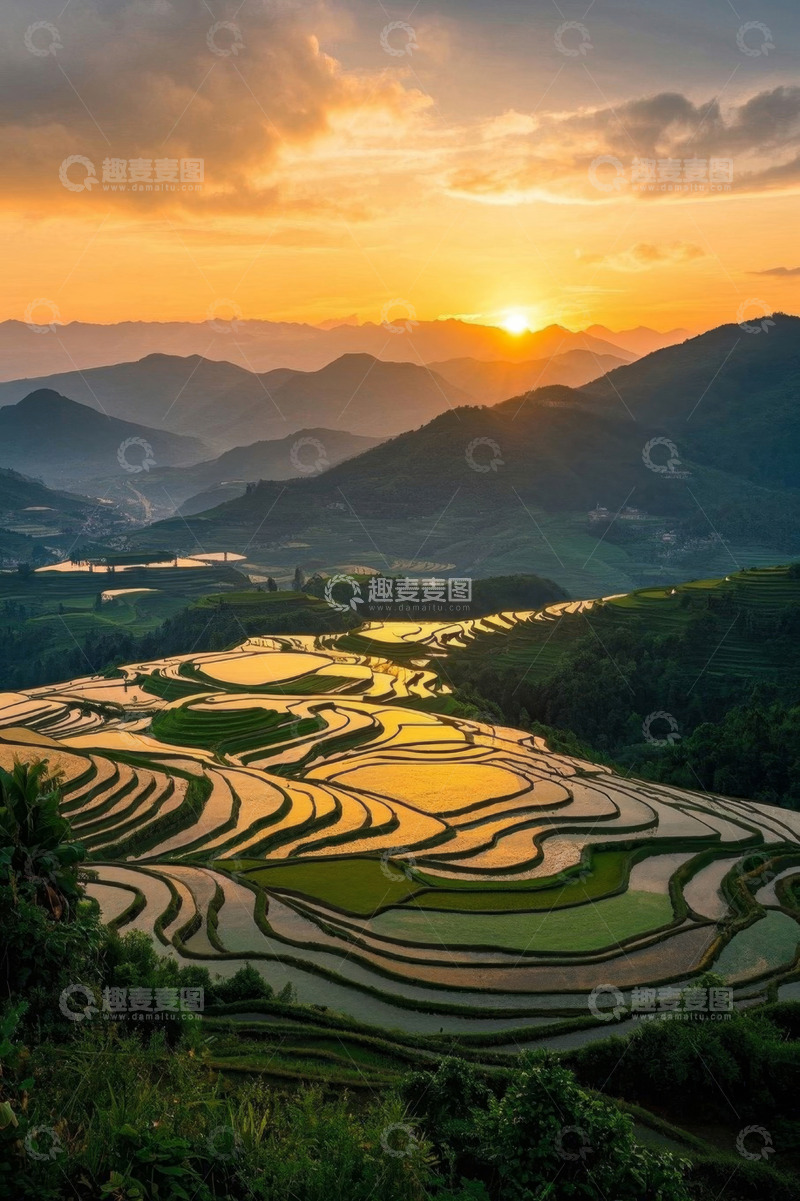 高清大图下载【趣麦麦图】山间梯田日落自然风光