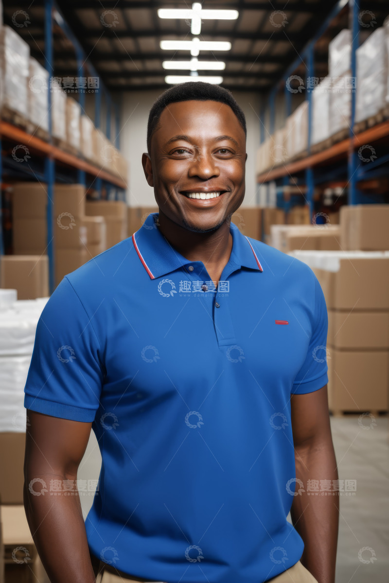 高清大图下载【趣麦麦图】仓库内微笑的非洲裔男性