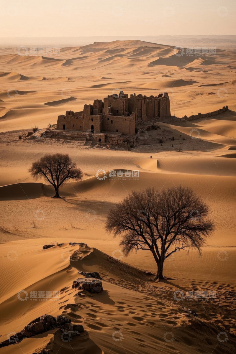 高清大图下载【趣麦麦图】沙漠中的古老建筑与树木