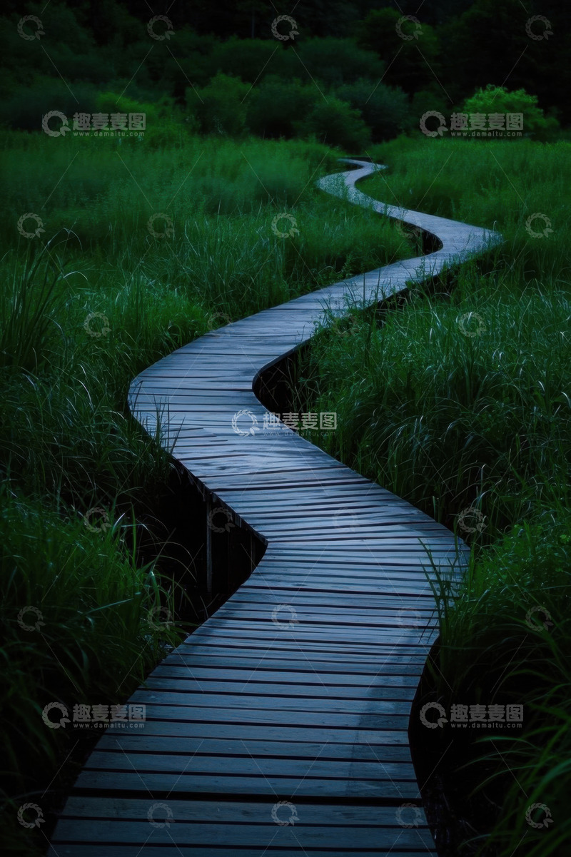高清大图下载【趣麦麦图】户外蜿蜒木质步道自然风光
