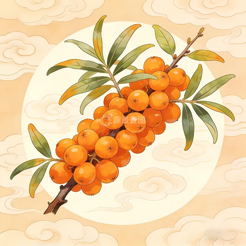 高清大图下载【趣麦麦图】一串沙棘果手绘