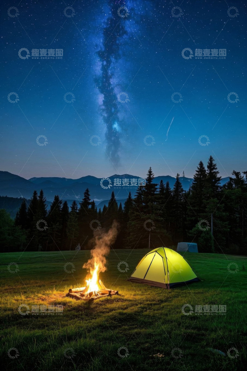 高清大图下载【趣麦麦图】户外草地露营星空场景