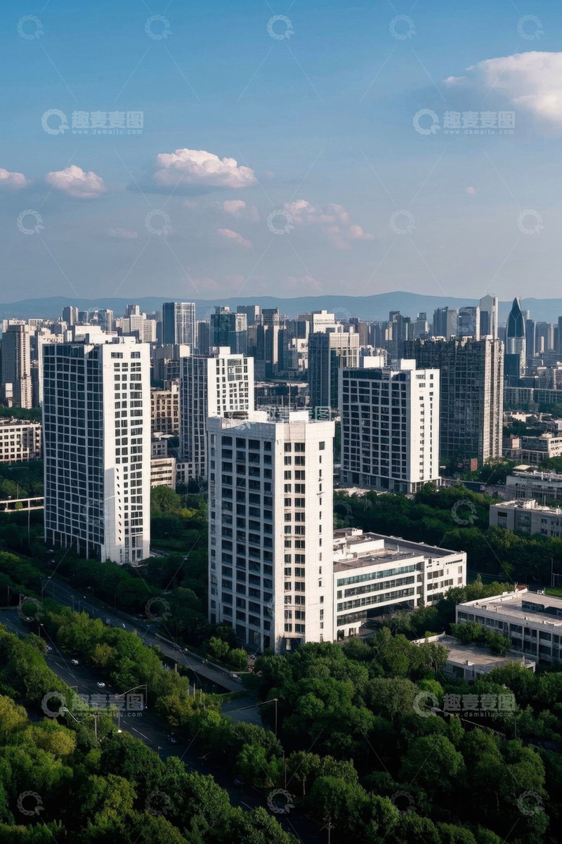 高清大图下载【趣麦麦图】城市高楼与绿树鸟瞰全景