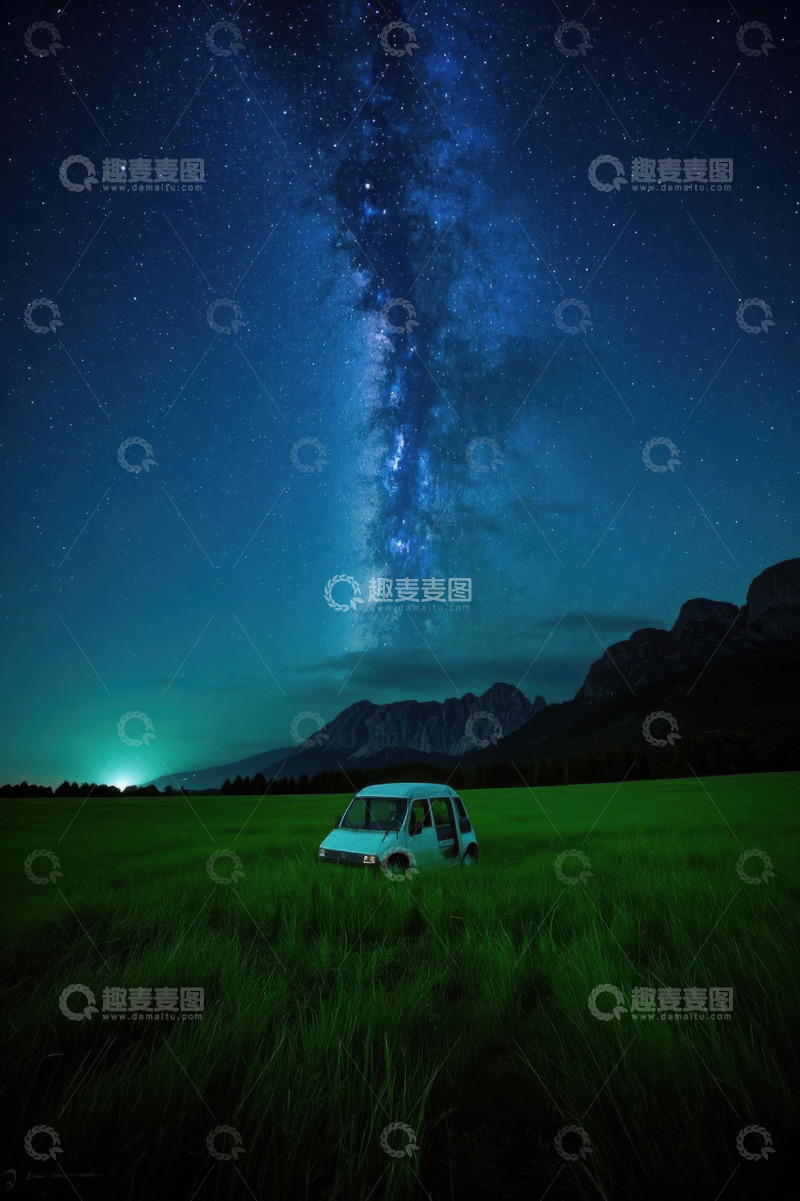 高清大图下载【趣麦麦图】草原上星空下的汽车夜景