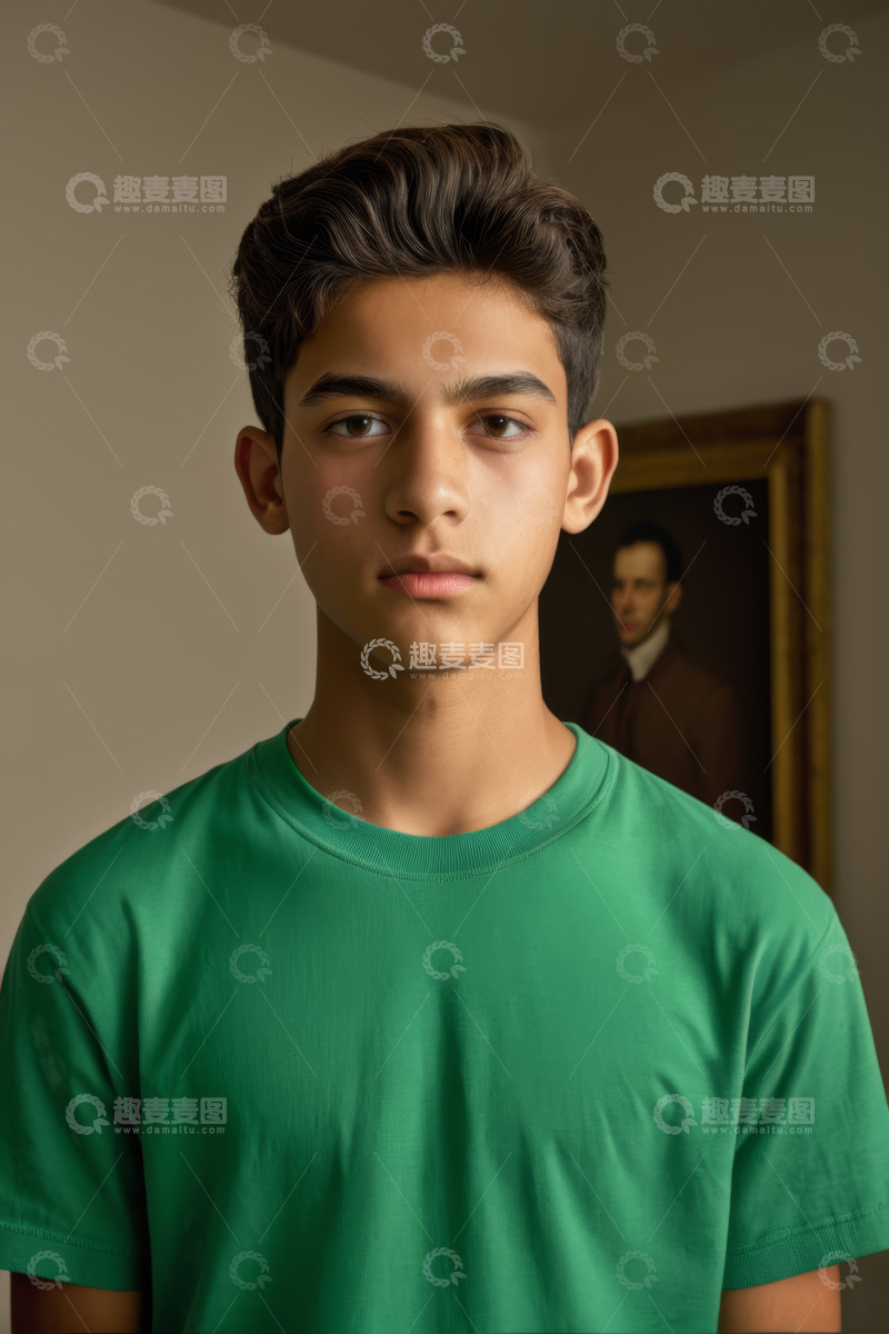 高清大图下载【趣麦麦图】穿绿T恤的年轻男孩肖像