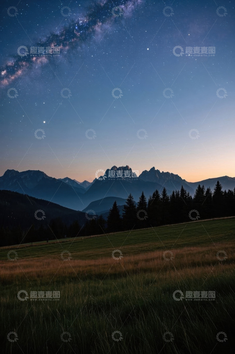 高清大图下载【趣麦麦图】山间草地星空夜景