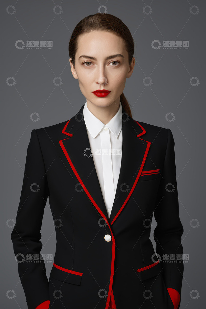 职业女性穿着黑红西装证件照