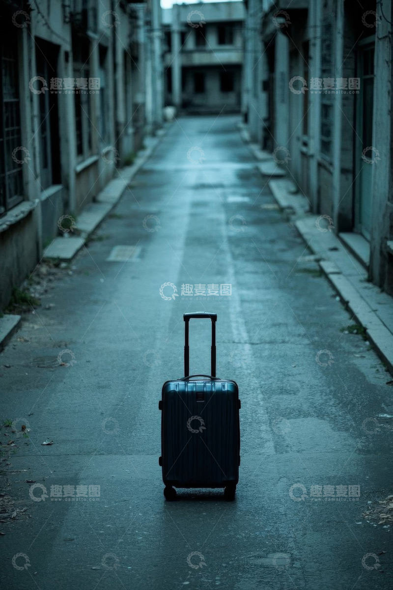 高清大图下载【趣麦麦图】小巷中独自放置的黑色行李箱