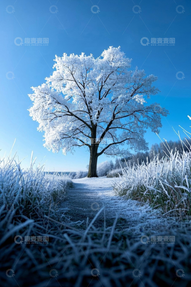 高清大图下载【趣麦麦图】户外雪地中一棵被雪覆盖的树