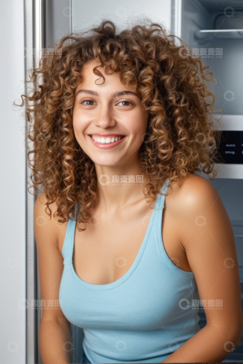 高清大图下载【趣麦麦图】微笑卷发女子站在冰箱旁