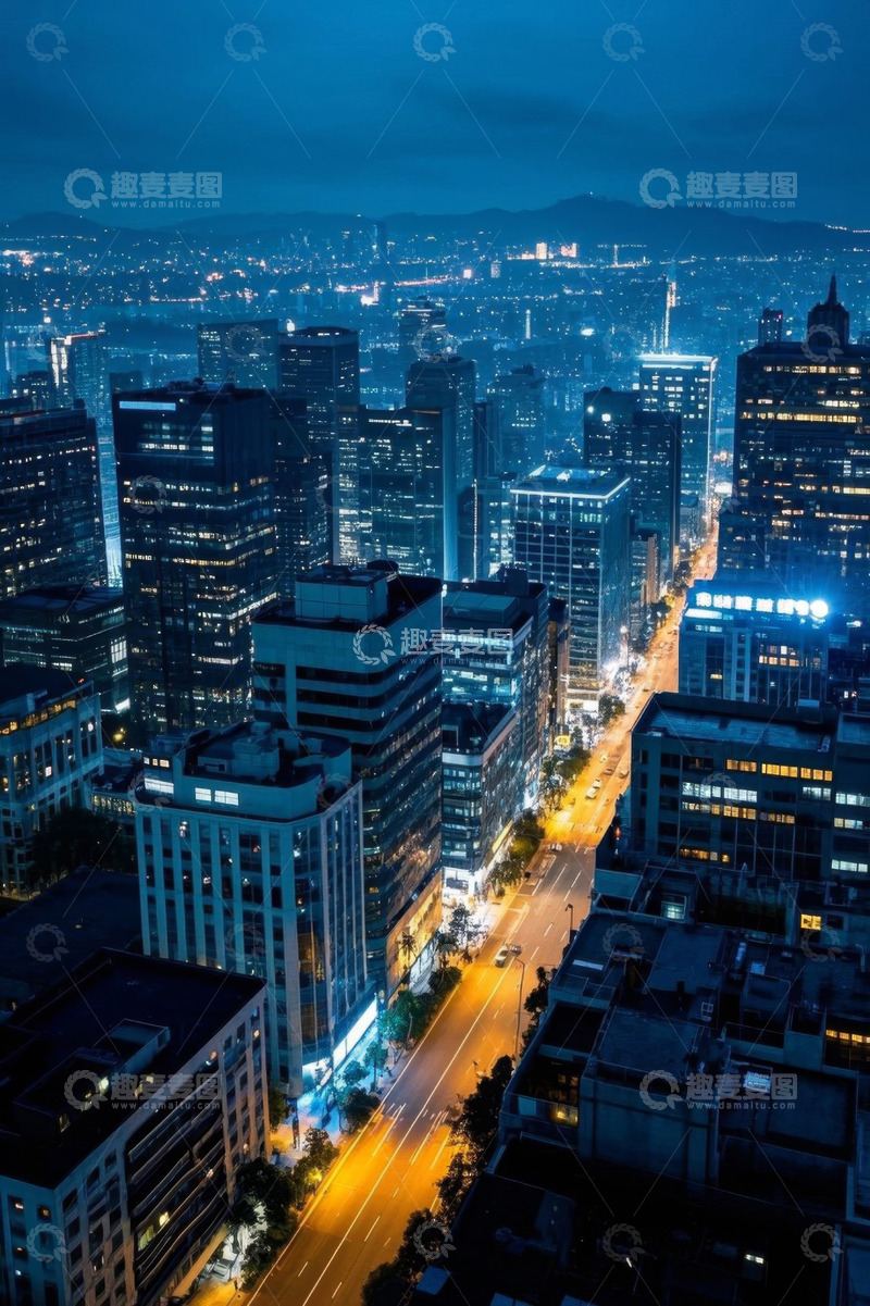 高清大图下载【趣麦麦图】城市高楼与街道夜景俯瞰