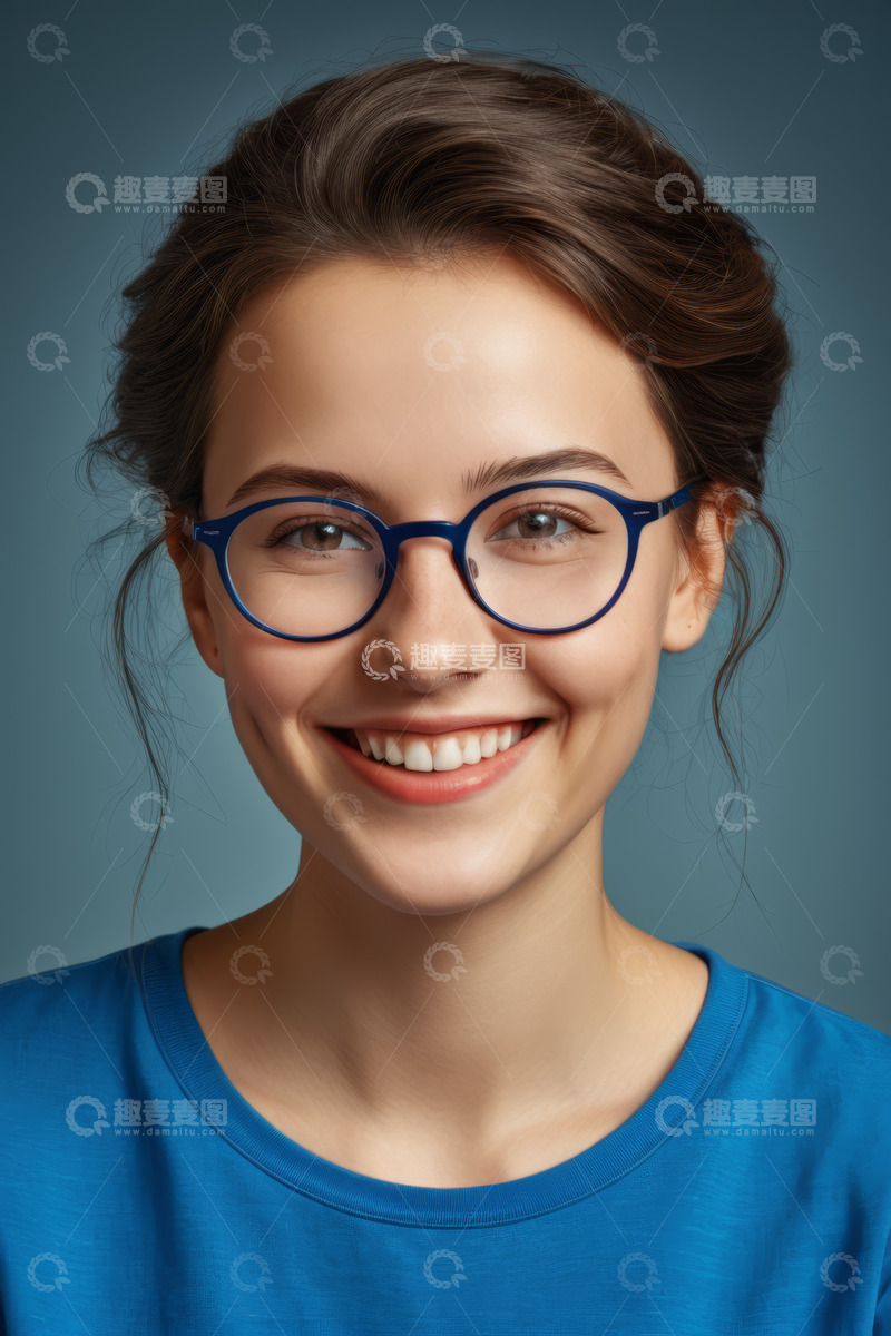 高清大图下载【趣麦麦图】戴眼镜微笑的年轻女性肖像
