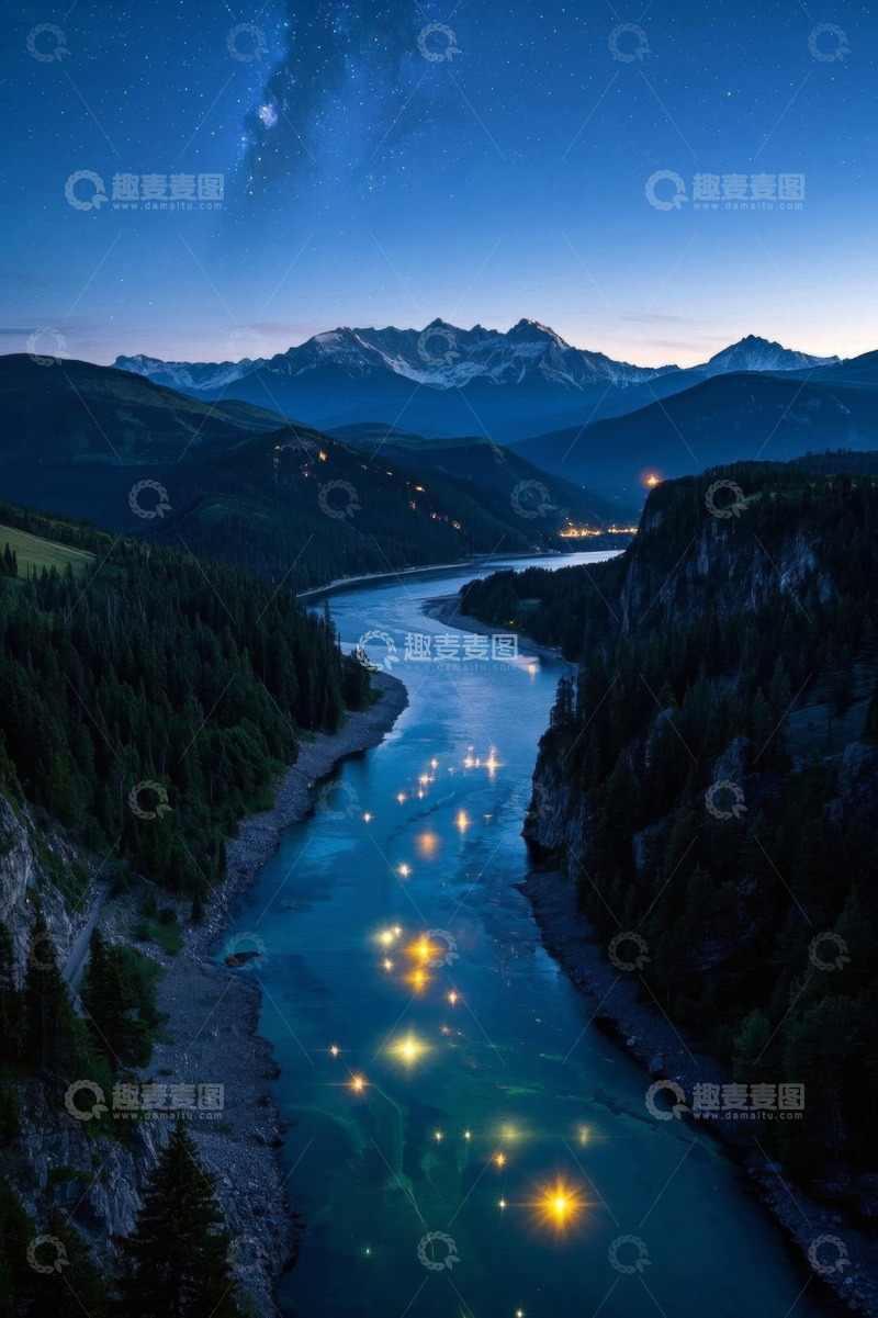 高清大图下载【趣麦麦图】山间河流夜景星空