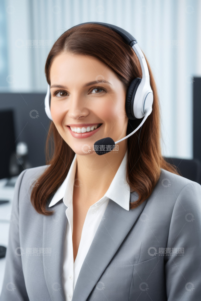 高清大图下载【趣麦麦图】办公室戴耳机微笑服务的女人