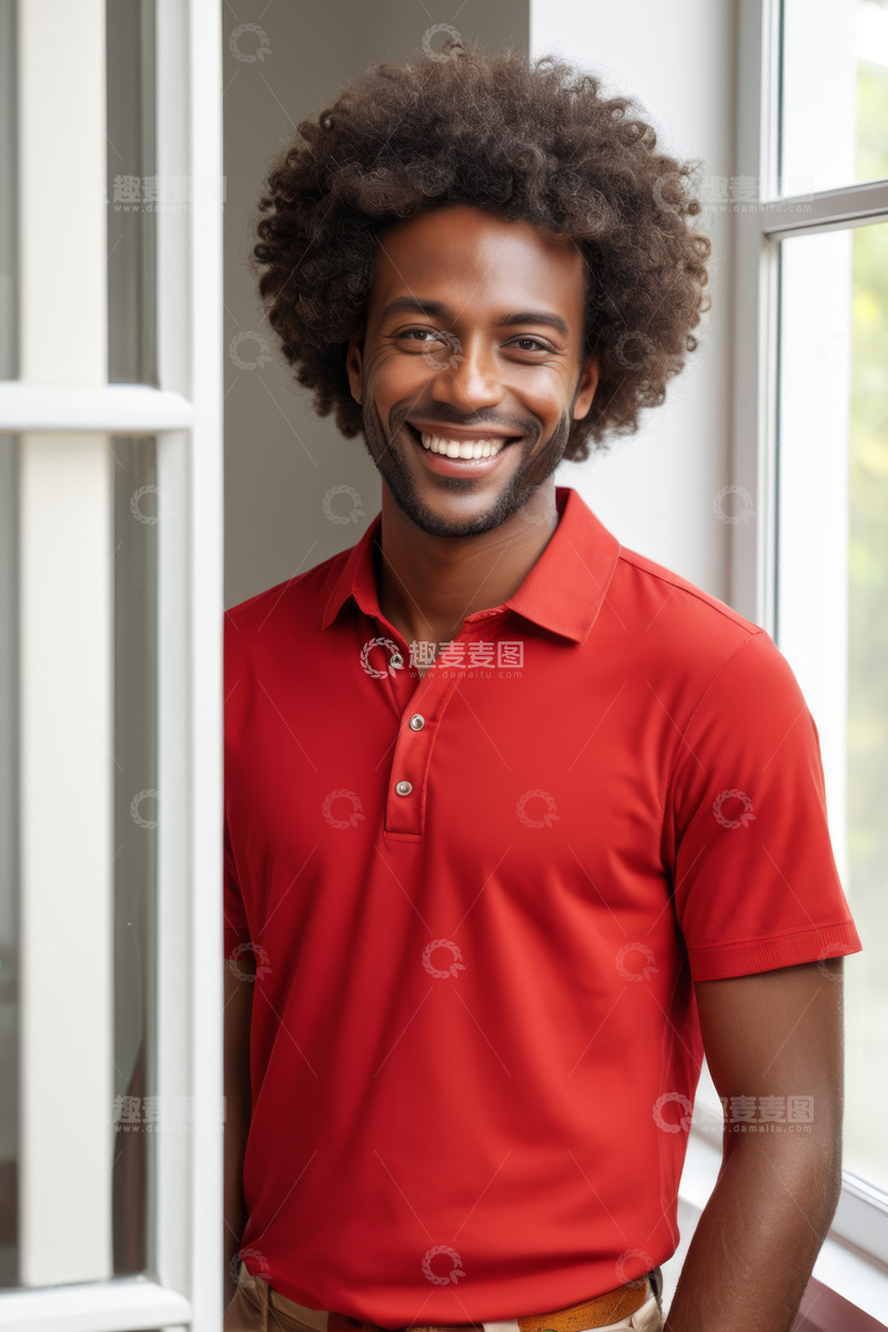 高清大图下载【趣麦麦图】窗边微笑的红衣男子肖像