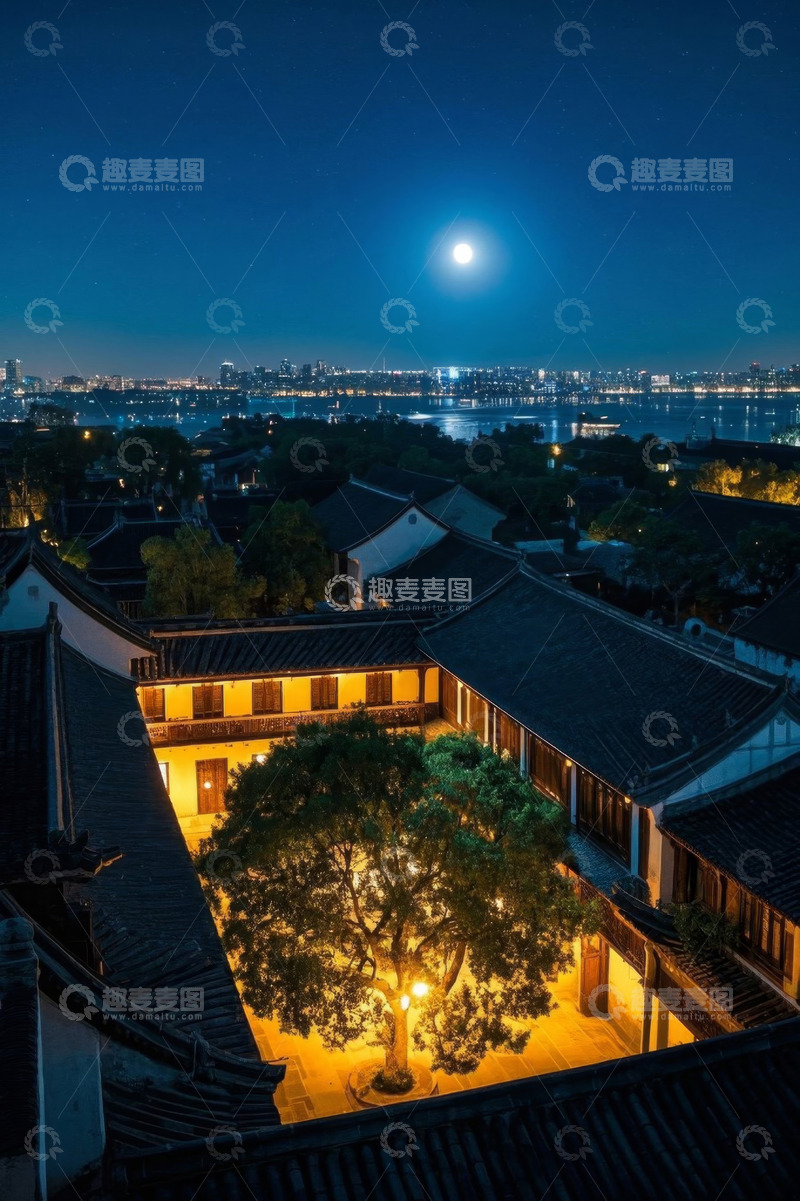 高清大图下载【趣麦麦图】月夜下的中式古建筑庭院景观
