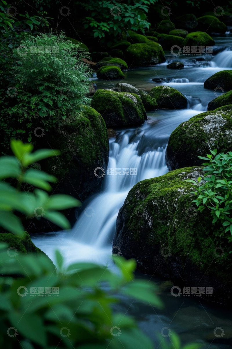 高清大图下载【趣麦麦图】山间溪流与覆满青苔的岩石