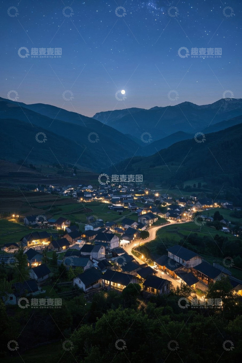 高清大图下载【趣麦麦图】山村月夜全景