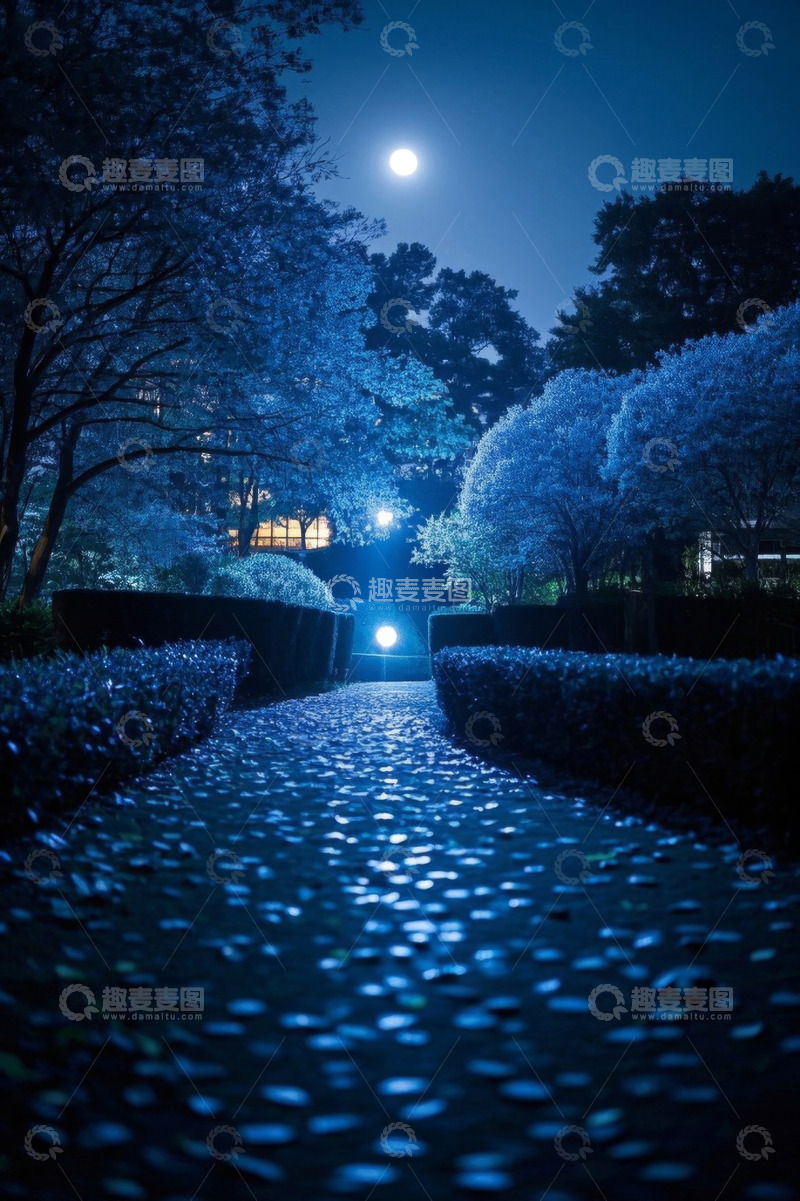 高清大图下载【趣麦麦图】月夜下的园林石径景观