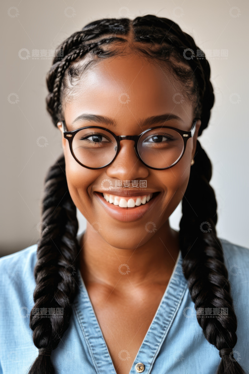 高清大图下载【趣麦麦图】戴眼镜微笑的非洲裔女性肖像