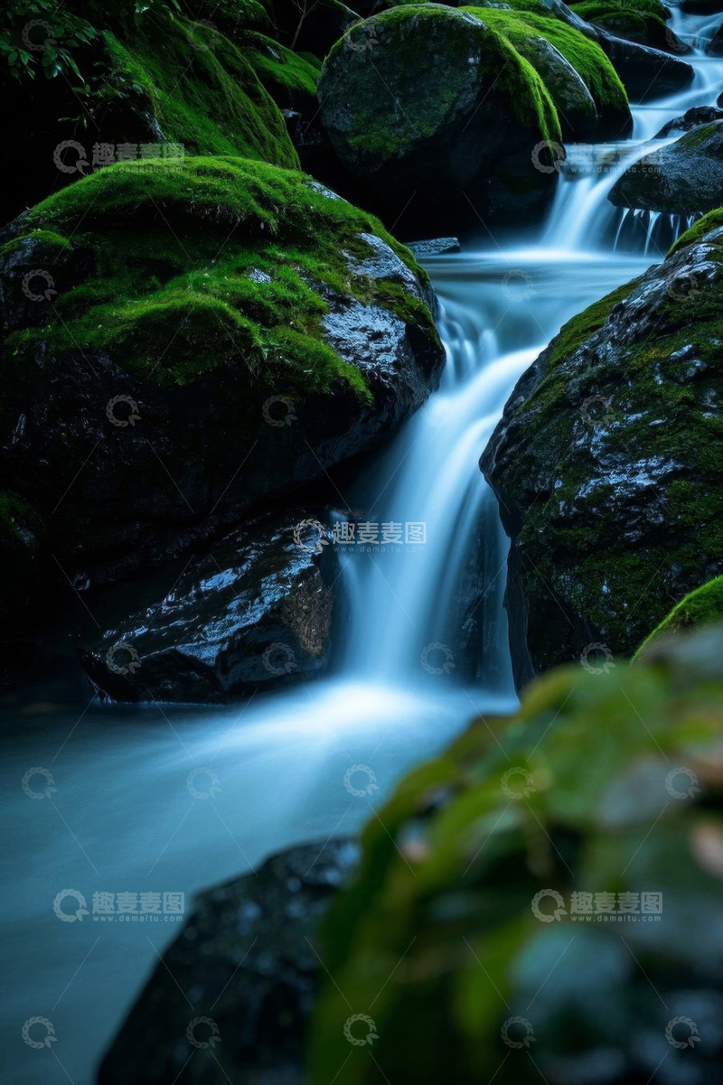 高清大图下载【趣麦麦图】山间溪流与苔藓覆盖的岩石