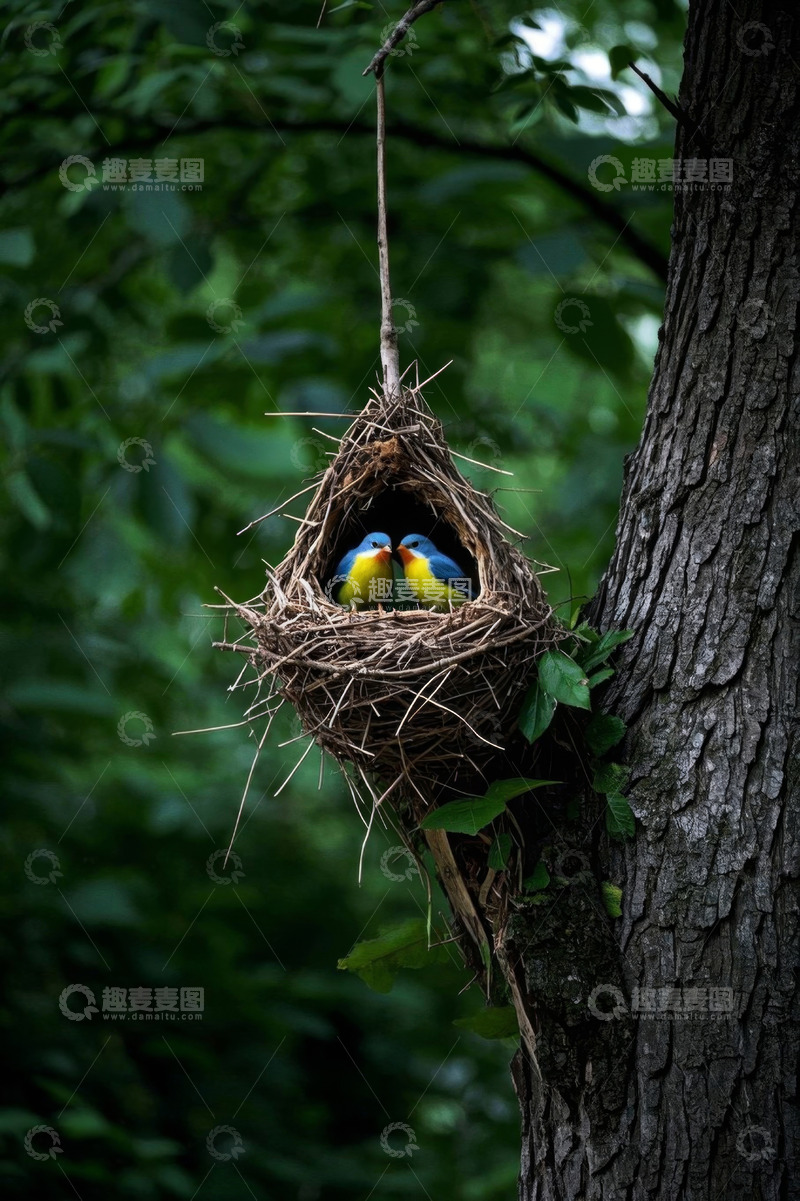 高清大图下载【趣麦麦图】树上鸟巢中的两只小鸟