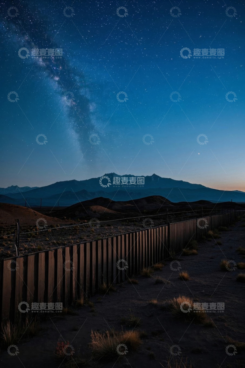 高清大图下载【趣麦麦图】星空下的山脉与围栏景观