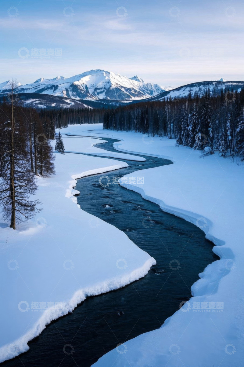 高清大图下载【趣麦麦图】雪山下蜿蜒河流雪景风光