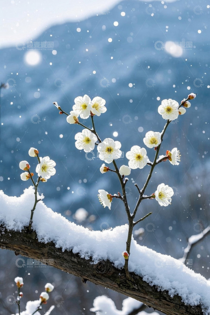 高清大图下载【趣麦麦图】雪中绽放的白色梅花枝干