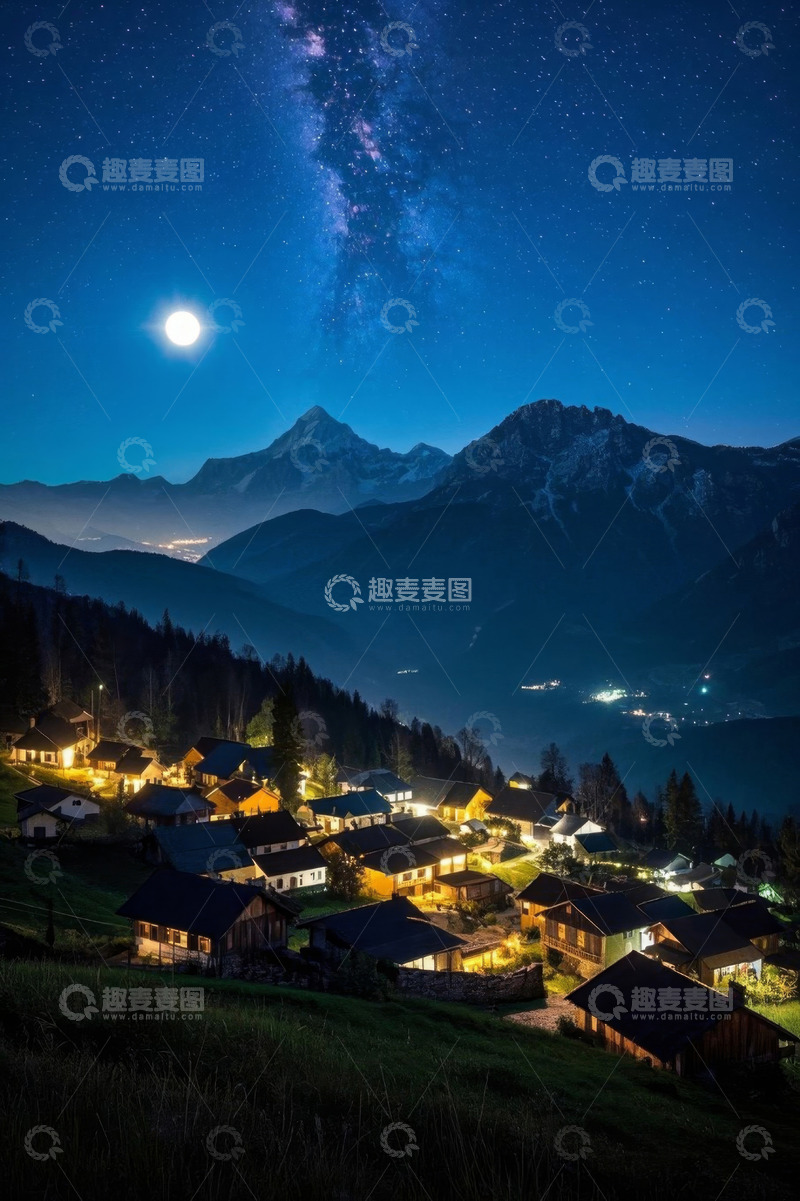 高清大图下载【趣麦麦图】山村月夜星空与山脉景观