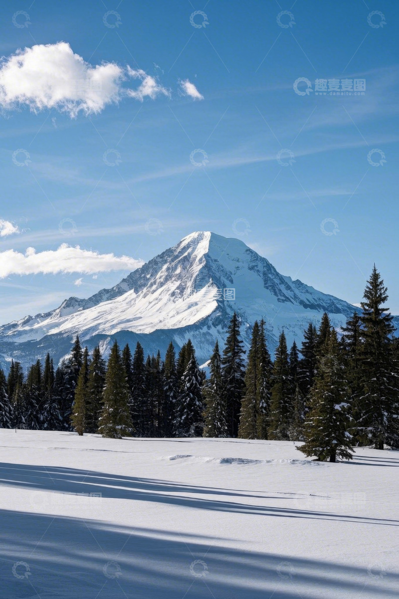 高清大图下载【趣麦麦图】雪覆山峰与森林自然景观
