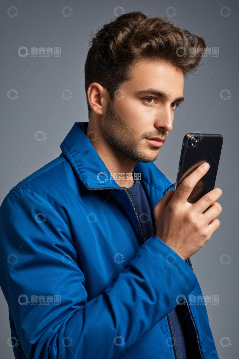 高清大图下载【趣麦麦图】穿蓝夹克男士手持智能手机