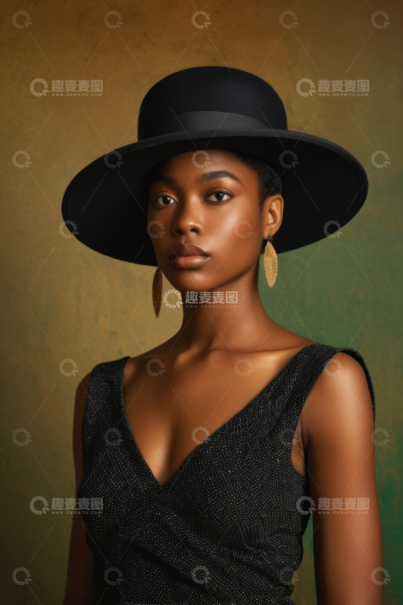 高清大图下载【趣麦麦图】戴黑帽的时尚女性肖像