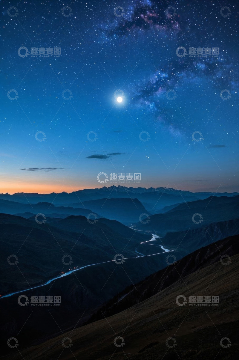 高清大图下载【趣麦麦图】月夜下山脉与星空风景