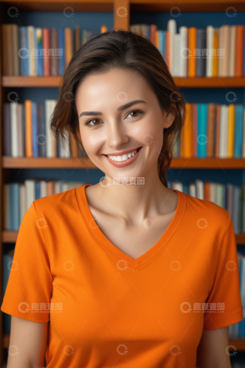 高清大图下载【趣麦麦图】微笑女子于书架前的肖像