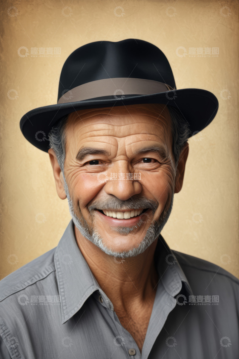 高清大图下载【趣麦麦图】戴帽微笑的老年男性肖像