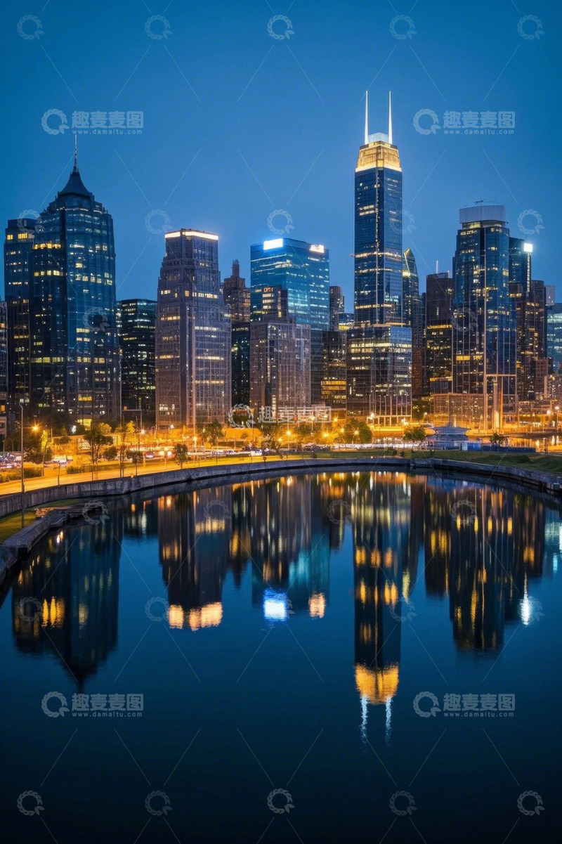 高清大图下载【趣麦麦图】芝加哥城市夜景及水中倒影