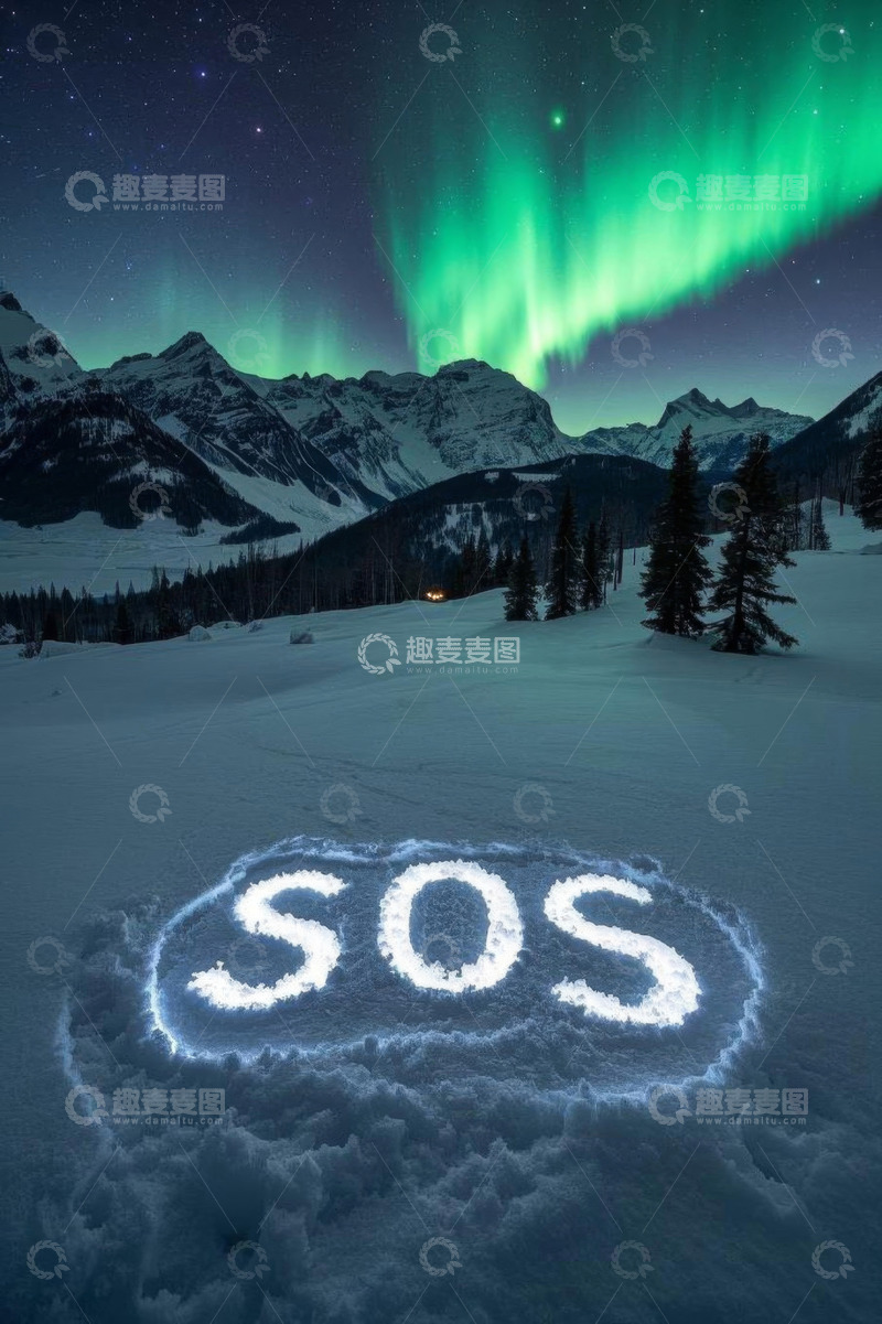 高清大图下载【趣麦麦图】雪地中SOS标志与极光景观