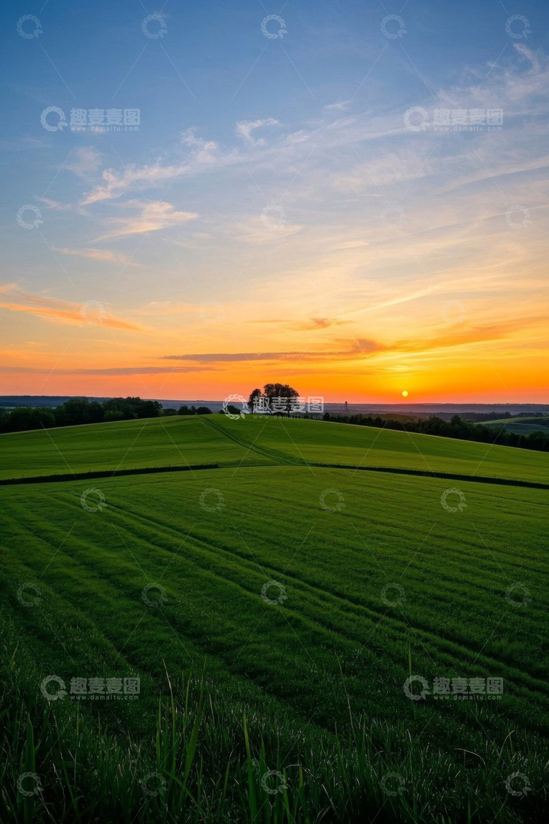高清大图下载【趣麦麦图】夕阳下的绿色田野风光