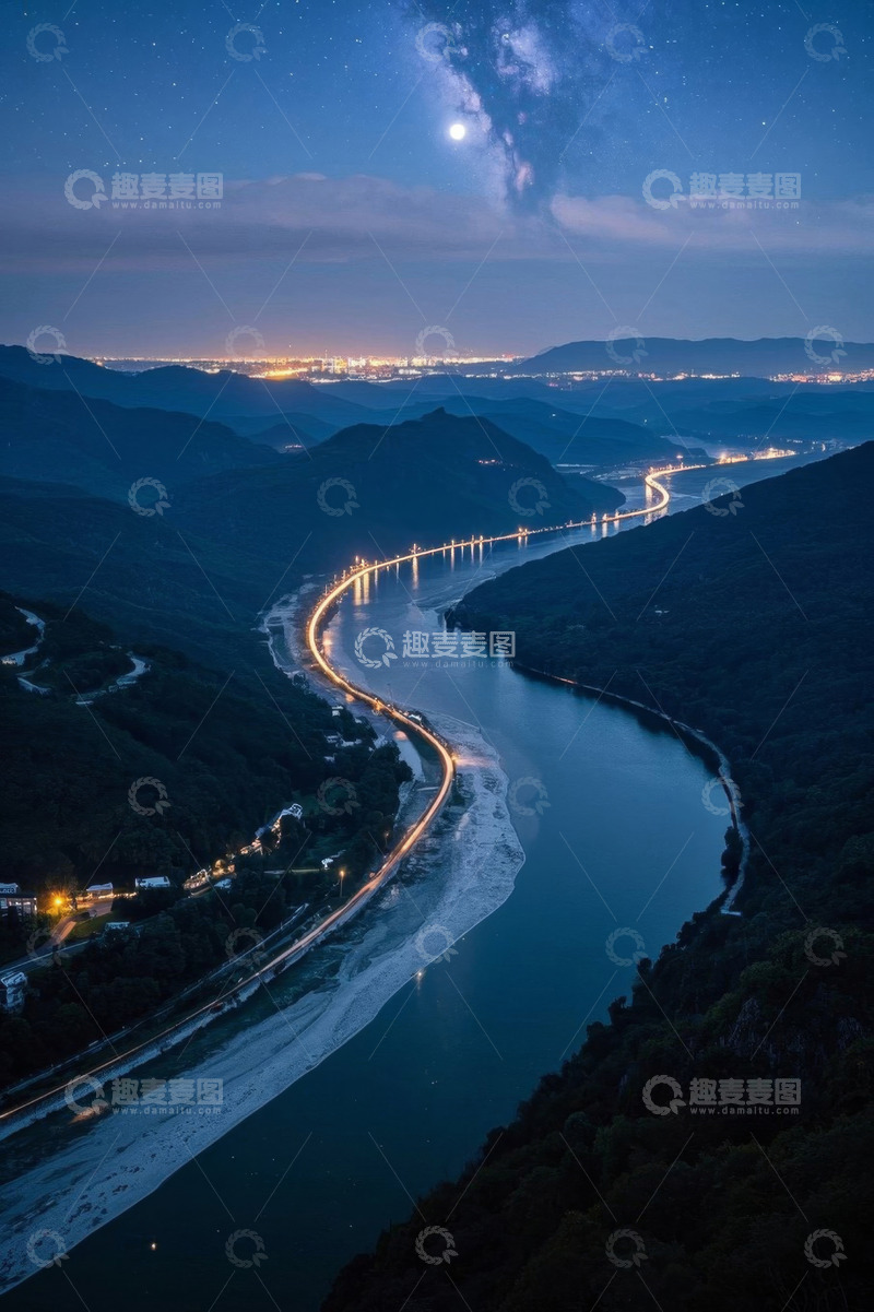 高清大图下载【趣麦麦图】夜晚河流桥梁与山峦风景