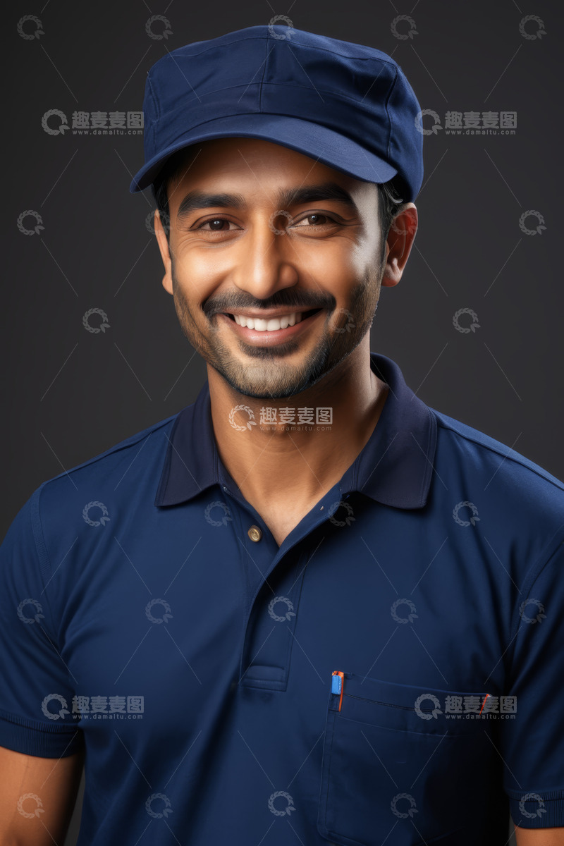 高清大图下载【趣麦麦图】穿蓝色服装戴帽男子微笑肖像