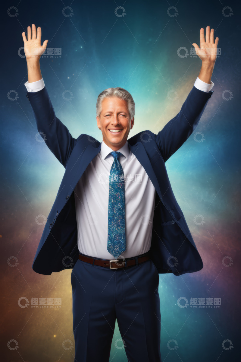 高清大图下载【趣麦麦图】穿西装男子举手欢呼场景