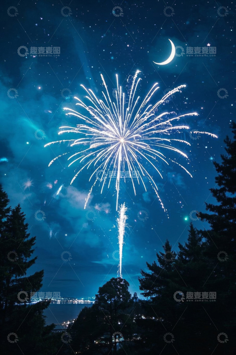 高清大图下载【趣麦麦图】夜空下绽放的烟花与新月景观