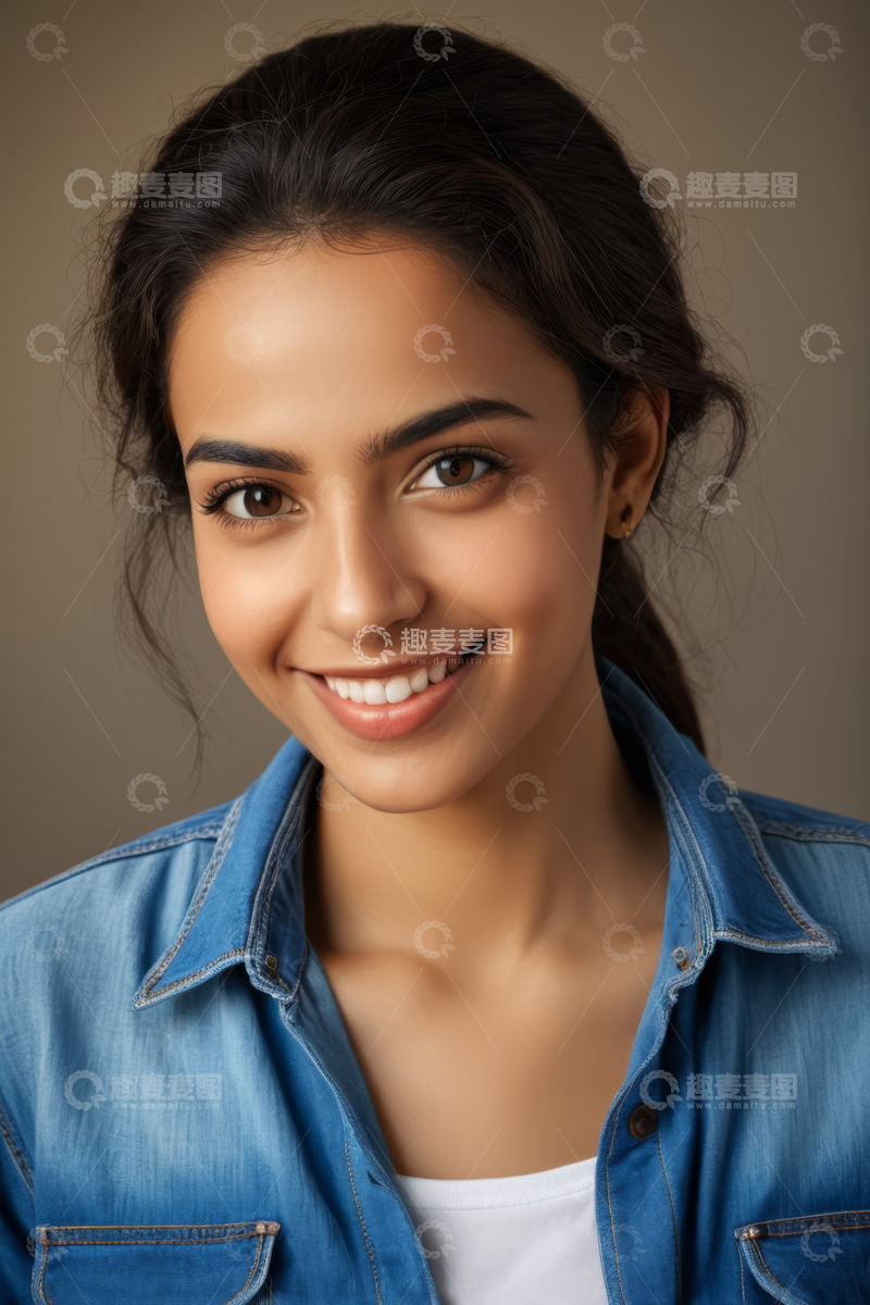 高清大图下载【趣麦麦图】微笑女子牛仔装半身肖像