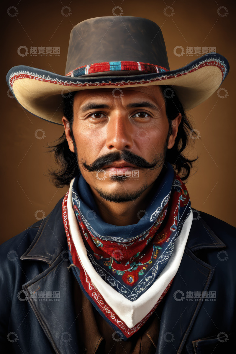 高清大图下载【趣麦麦图】戴牛仔帽留小胡子的男人肖像