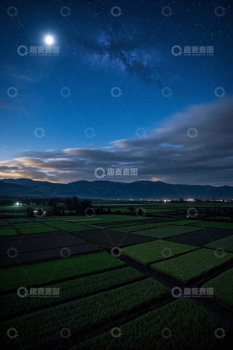 高清大图下载【趣麦麦图】月夜下的田野与星空景观